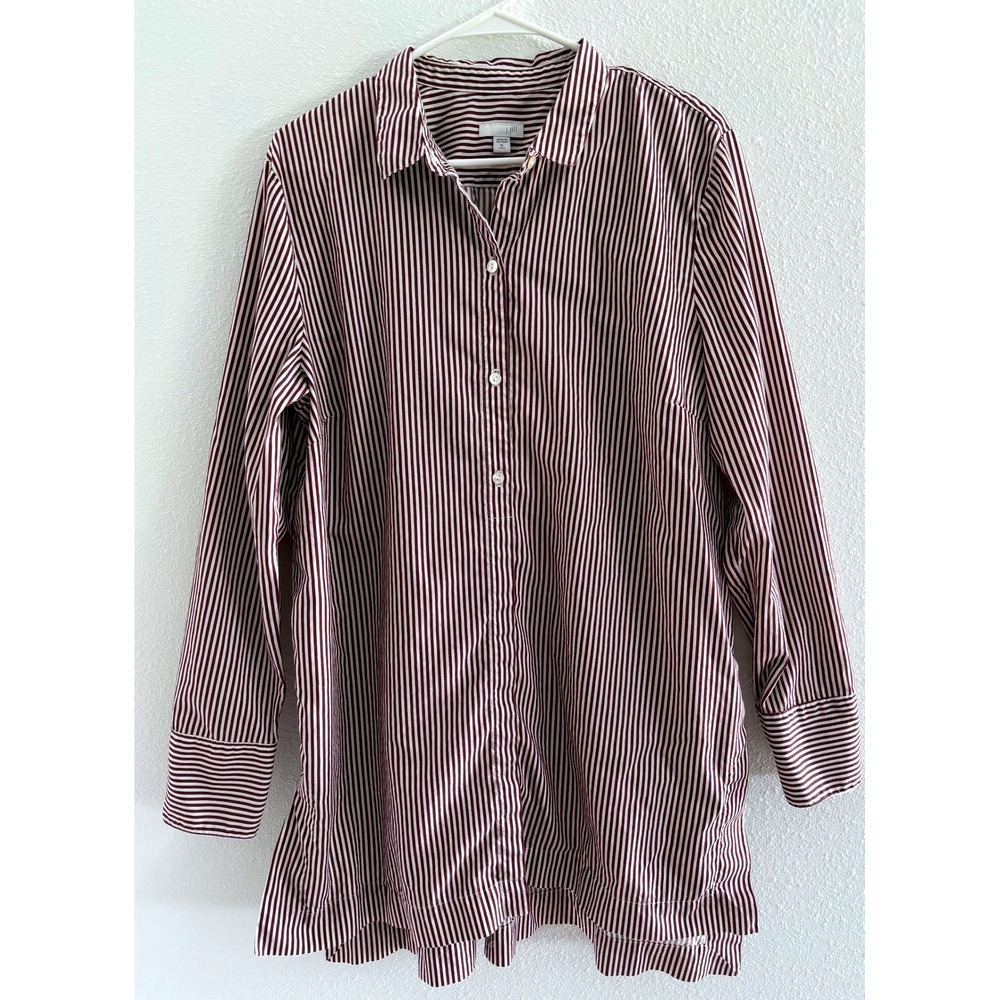 J Jill button‎ Down Tunic  Women XLT Burgundy White Stripe Career Classic Preppy